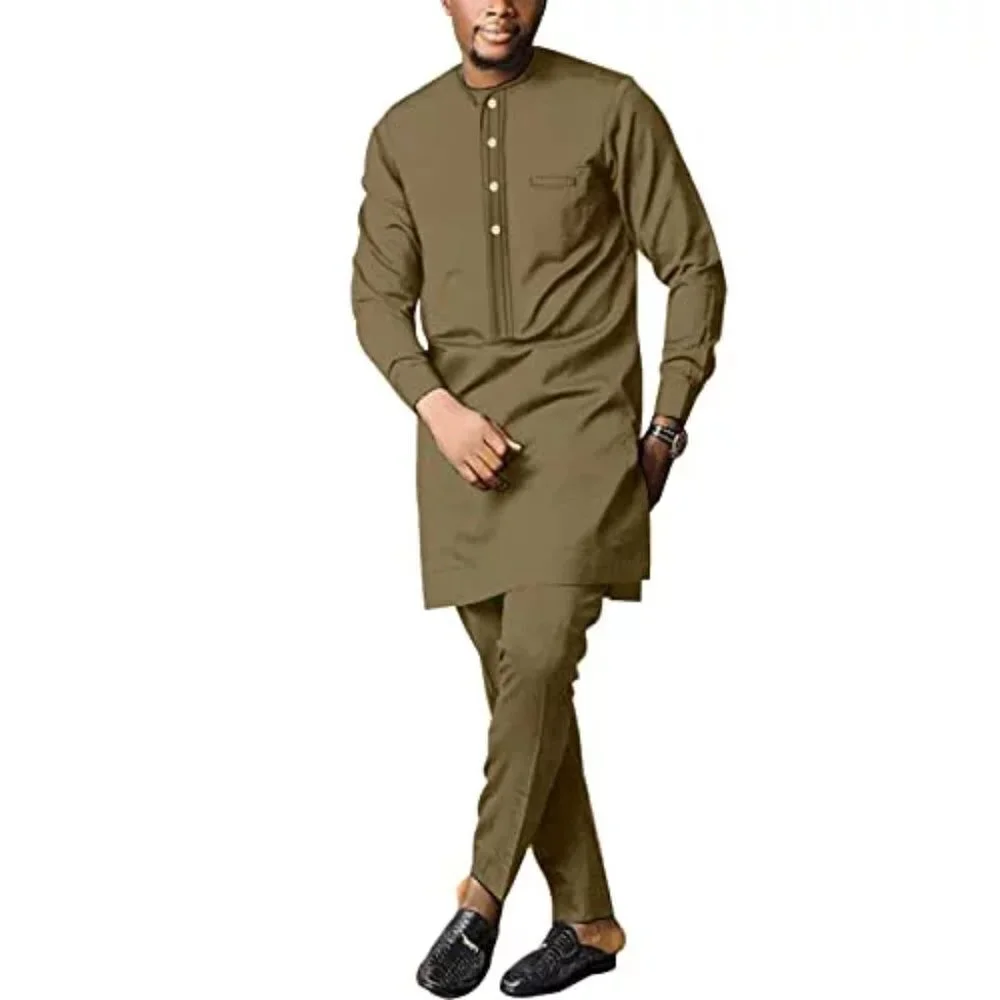 African Formal Dashiki Shirt & Pant Three Piece Suit Traditional Long Sleeve